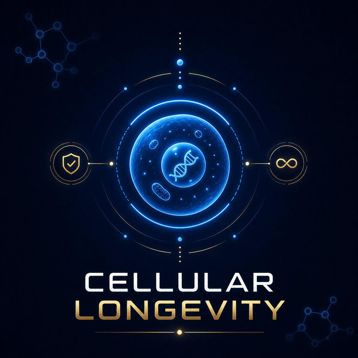 Cellular longevity research category with cell and DNA graphic