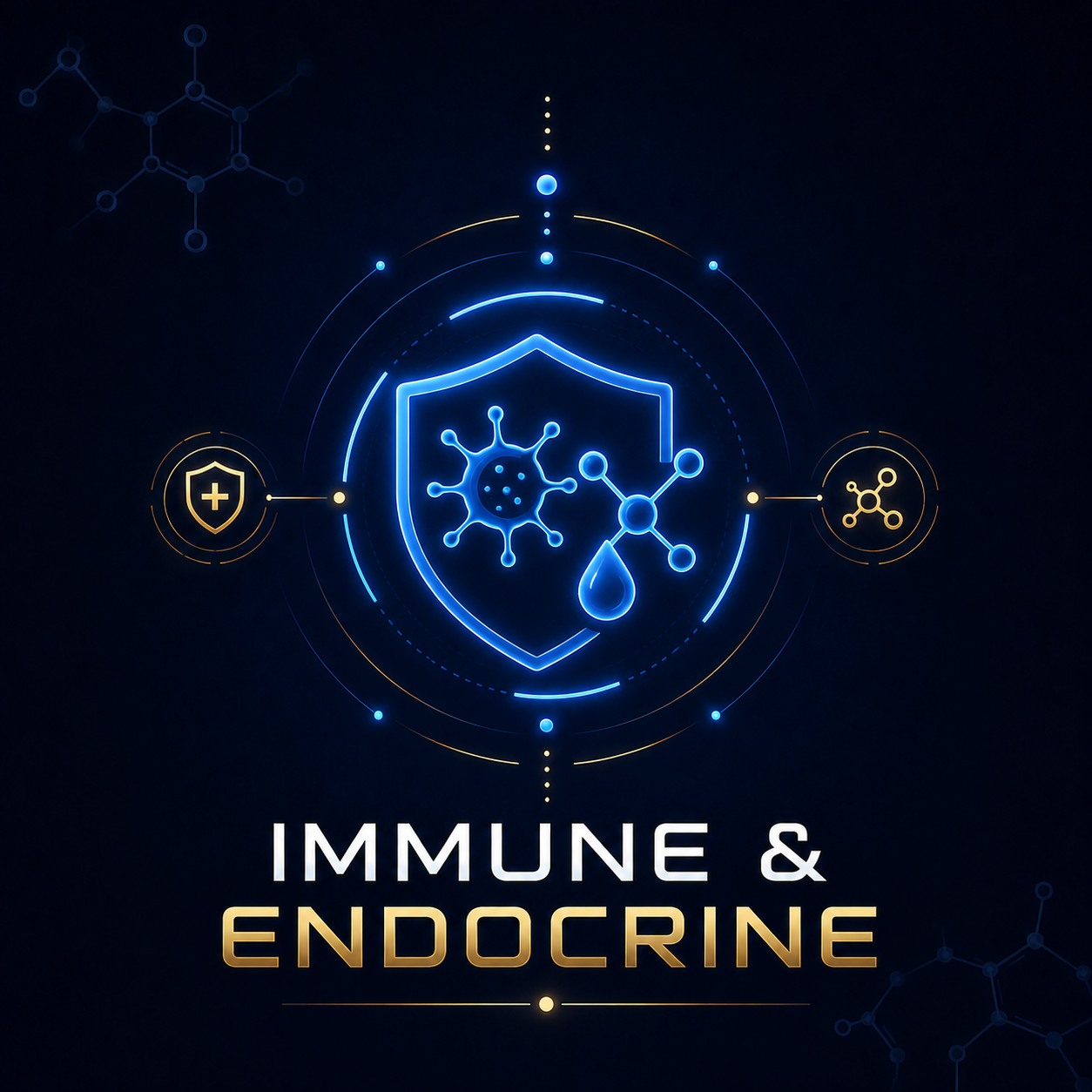 Immune and endocrine research category with shield and molecular graphic