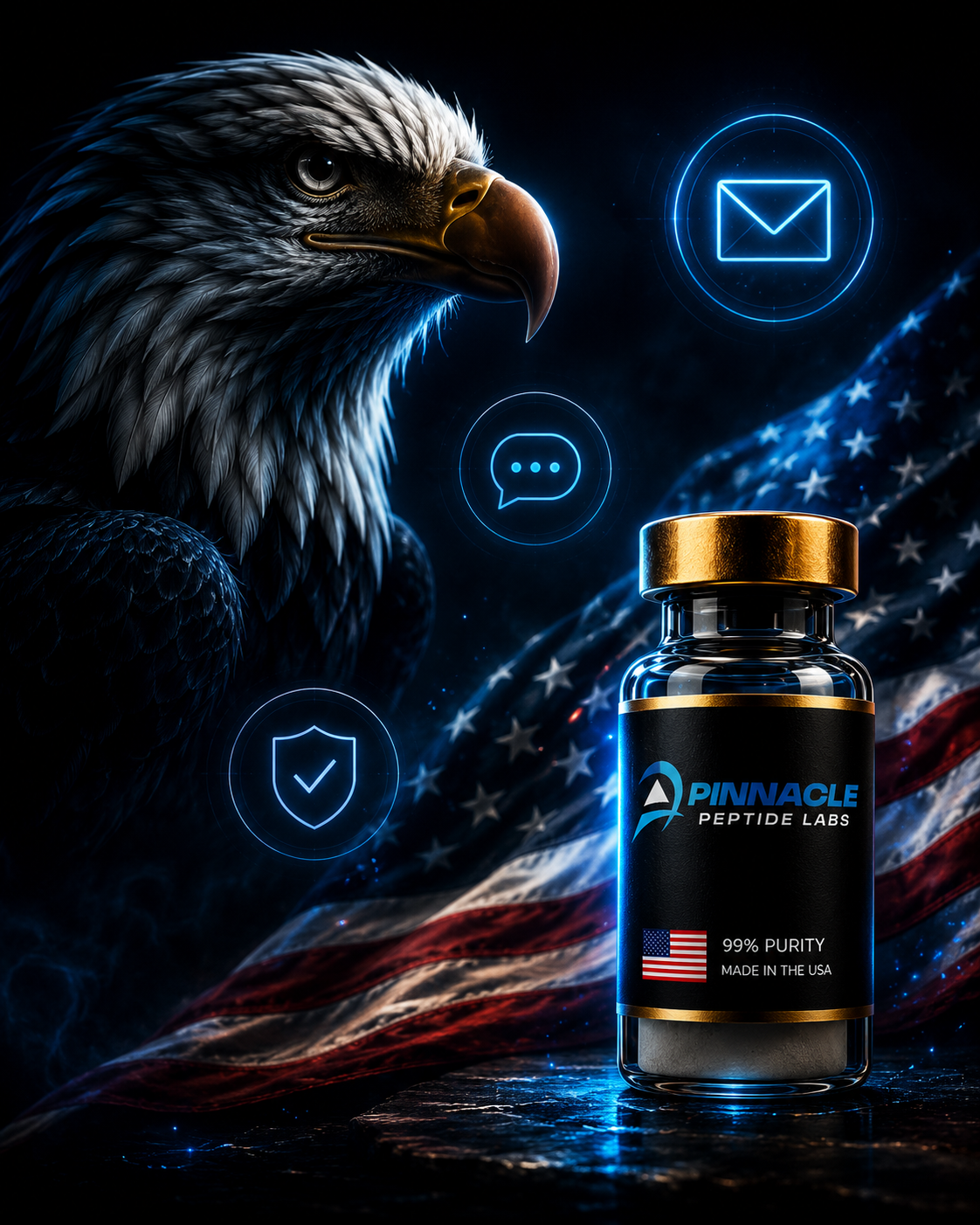 Pinnacle Peptide Labs customer support graphic featuring a bald eagle, American flag, research vial, email, chat, and secure support icons